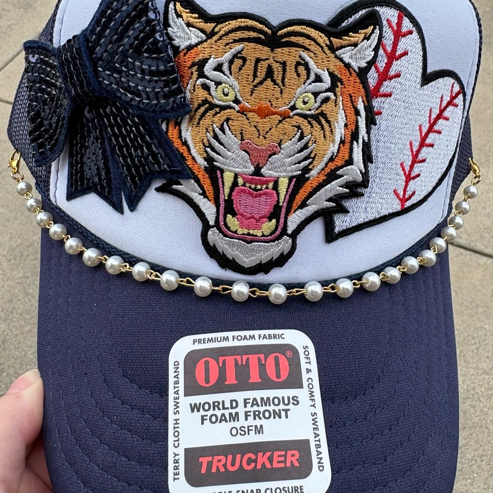 OTTO Navy Blue and White Tiger Embroidered Trucker Hat OSFM